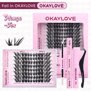 OKAYLOVE Manga-Fox Lash Clusters Kit  Fox Eye Lash Extension Kit  Lightweight Eyelashes Clusters with Waterproof Long-lasting Lash Bond and Seal,Tweezers and Remover for DIY Eyelash at Home Easily, Natural Makeup Girl Gifts
