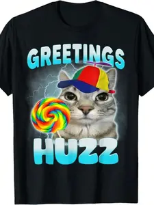 Cat Pattern T-Shirt, Greetings Huuzz Lollipop & Propeller Hat Design, Street Style Casual Fashion, Essential Daily Wear Tee