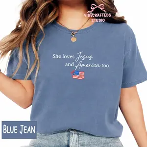 She Loves Jesus And America Too Comfort Colors Shirt, Christian Patriotic Tee, Faith Based USA Flag Shirt, Minimalist 4th Of July Tee