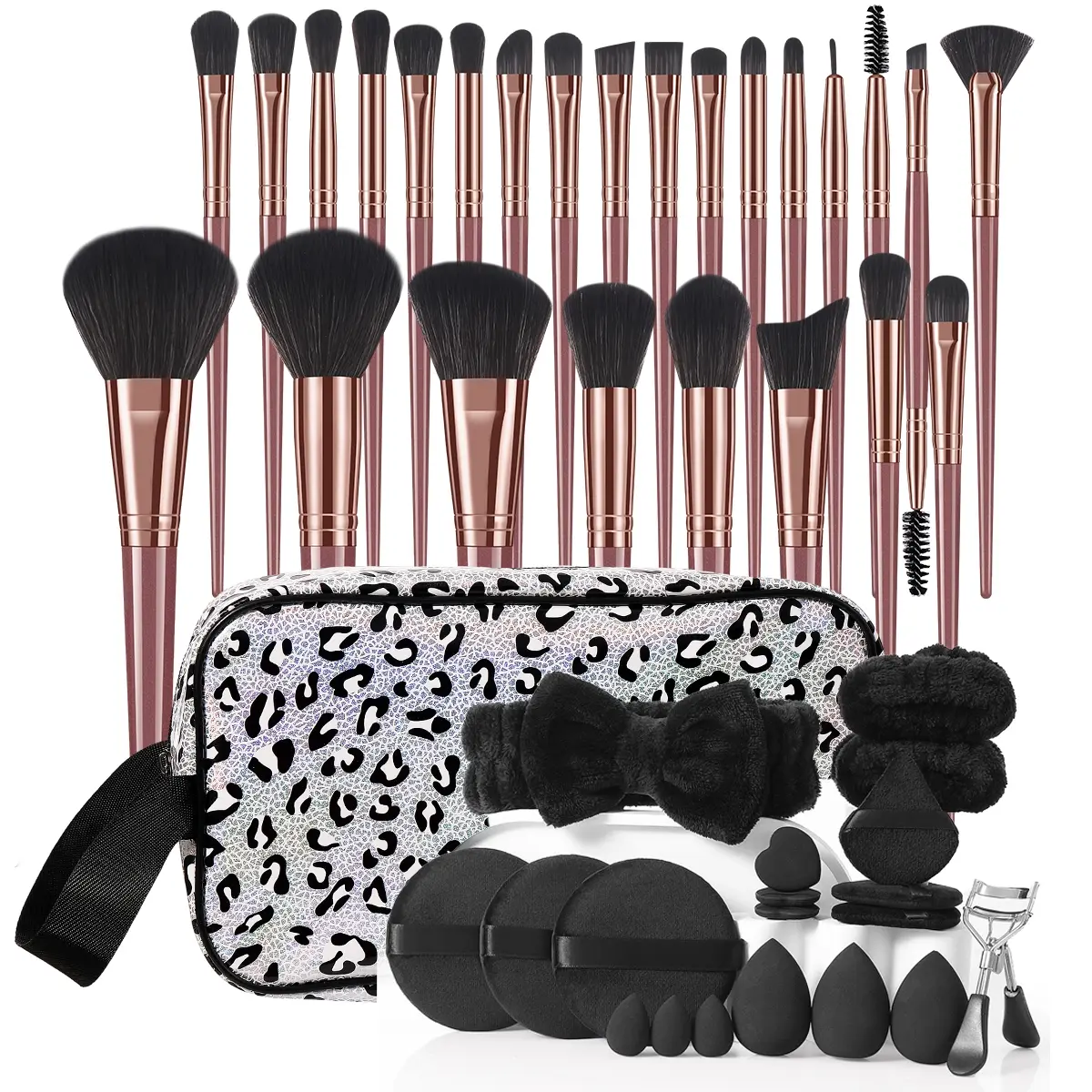 Complete Beauty Essentials Set: 45 Rose Gold Makeup Brushes, Holographic Leopard Storage Bag, Beauty Blender, Hairband, Eyelash Curler