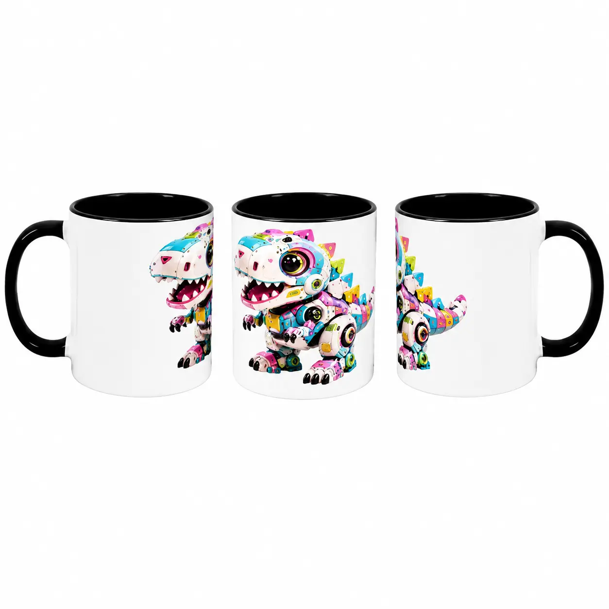 11oz Capacity Heat-Resistant Reusable Washable Ceramic Coffee Mug - Kawaii Robot Cyber Dinosaur T-Rex Cup, Black Interior, Microwave-Safe, Dishwasher-Safe, for Coffee Lovers (Home Supplies)