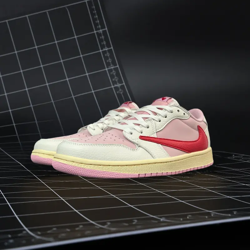 Urban low‑top trainers made of premium smooth leather, soft pastel‑pink mixed cream‑white with bold red accent details, low‑top silhouette, delivers soft lightweight comfort for multiple daily scenarios.