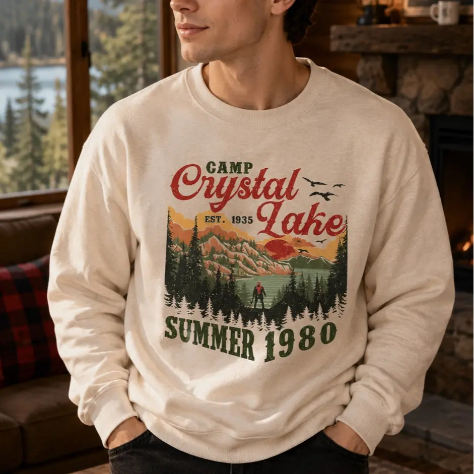 Camp Crystal Lake Sweatshirt, Friday The 13th Jason Voorhees Horror Movie Shirt, Scary Movie Halloween T-Shirt, Vintage 80s Camp Crystal Est 1935