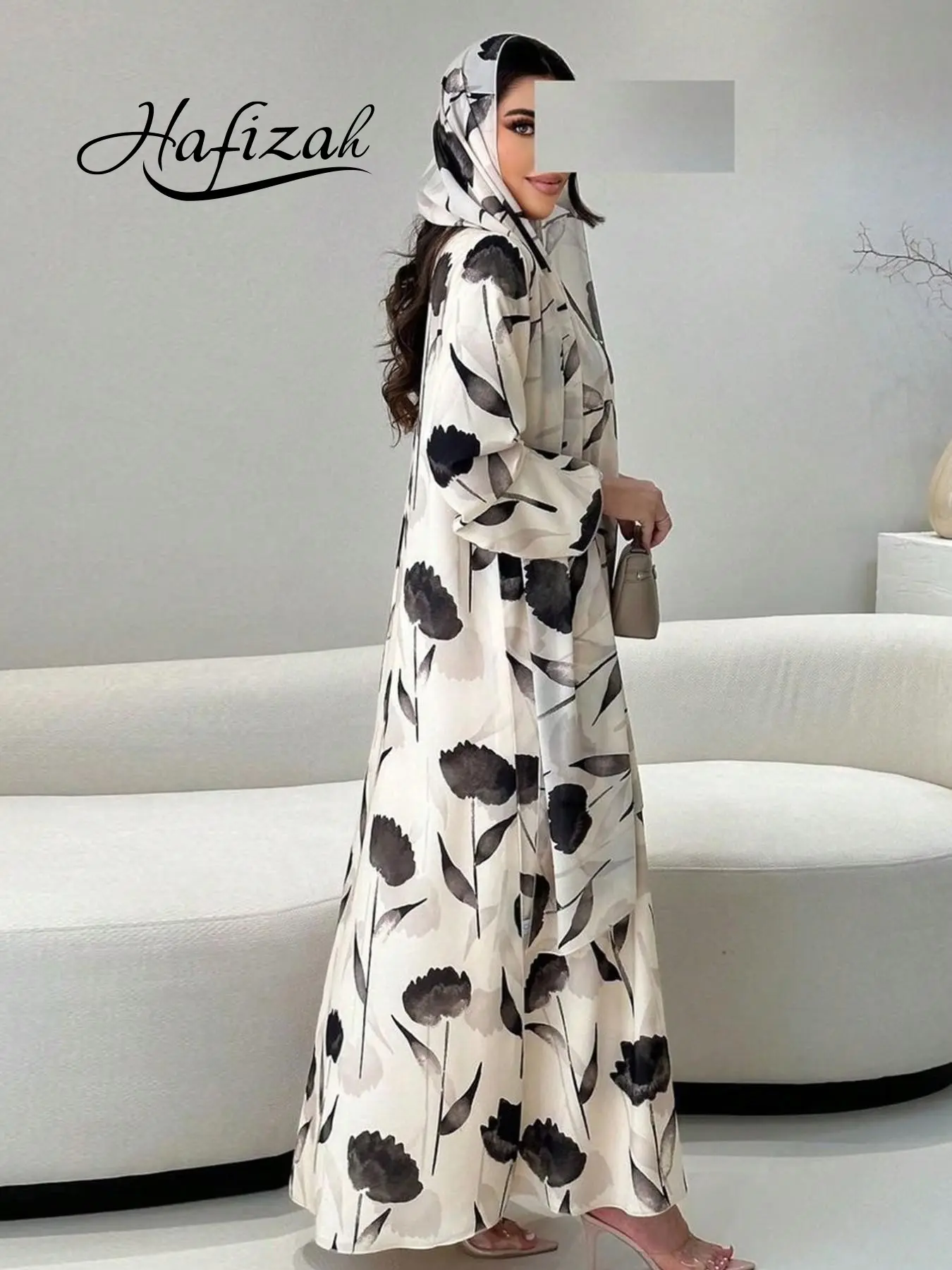 Hafizah Ink Print Loose Fit Floral Print Abaya Outerwear, Velvet Long Cardigan with Headscarf, Luxury Middle Eastern Women's Clothing, Modest Islamic Abaya, Islamic Abaya, Abayas for Eid, Elegant Islamic Clothing