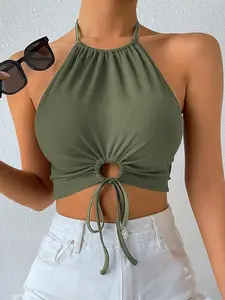 Women's Solid Ruched Tie Front Halter Neck Crop Top, Minimalist Casual Drawstring Backless Top for Summer, Ladies Clothes for Daily Wear, Halterneck Sleeveless Womenswear, Cropped Cami Top