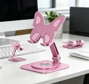 Pink Metal Butterfly Design Aluminum Alloy Cellphone Mount - 360° Rotating, Height & Angle Adjustable Foldable Mobile Phone Holder Stand, Anti-Slip Universal Accessories for Home & Office, End-of-Year Teacher Gift