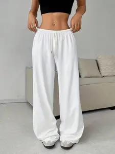 Women's Casual Minimalist Four-Seasons Pants, Comfortable Loose Plain Elastic Waist Belt Wide Leg Running Pants, Ideal for Leisure and Sports