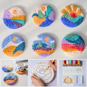 A Set of 6 Material Packages, Scenic Landscape Punch Needle Kit with Coasters, Complete Hand Embroidery Starter Set for Beginners, Embroidery Craft