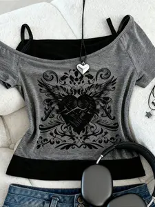 Women's Vintage Gothic Punk Style Graphic Print Short Sleeve Two-Piece Fitted T-Shirt, Soft Knitting Streetwear Shirt with Guitar Design, All-Season Everyday Casual, Washable