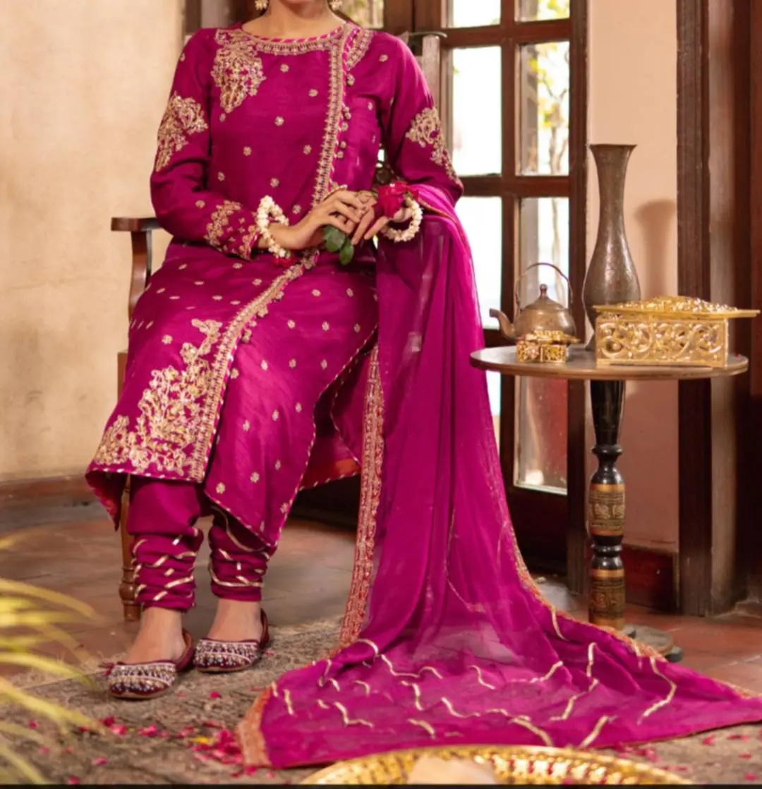 Omal by Komal Women's Semi-Formal 3-Piece Khaddi Net Dress Set - Elegant Women's Clothes with Embroidered Long Shirt, Silk Details, Lace, Sequins, Sleeves, Pants for Statement Wear