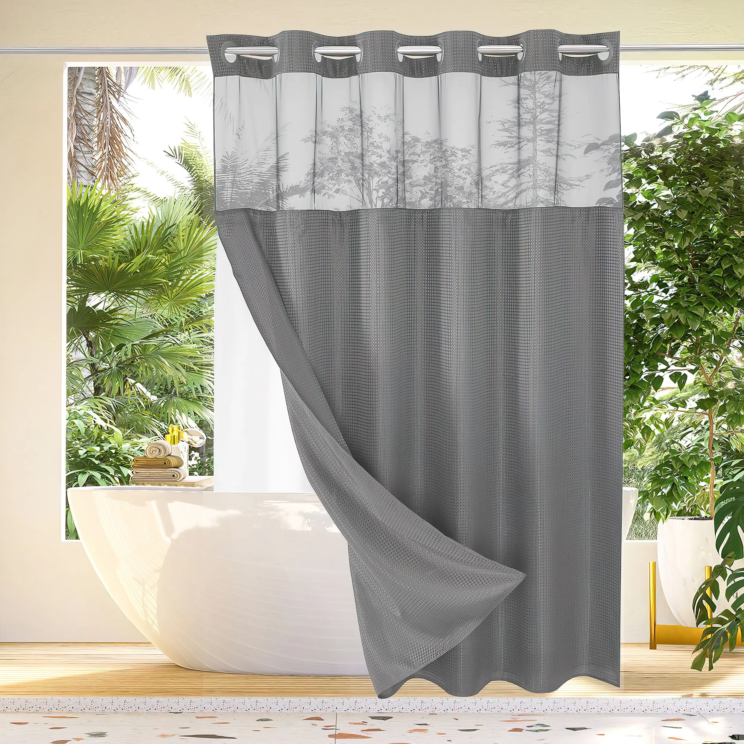 Hookless Bathroom Curtain - No Hooks, Snap-In Liner, Waffle Pattern, Modern Waterproof Aesthetic Decorative Home Bathroom Accessory