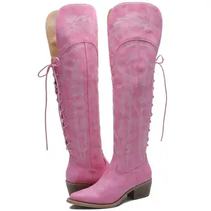 GLOBALWIN Pink Boots For Women Women's Pink Cowgirl Boots Western Fashion Over The Knee Thigh High Cowboy Boots For Women Low Heel Size 5.5M Women's Retro Embroidered Cowboy Boots Metal Heel Boots