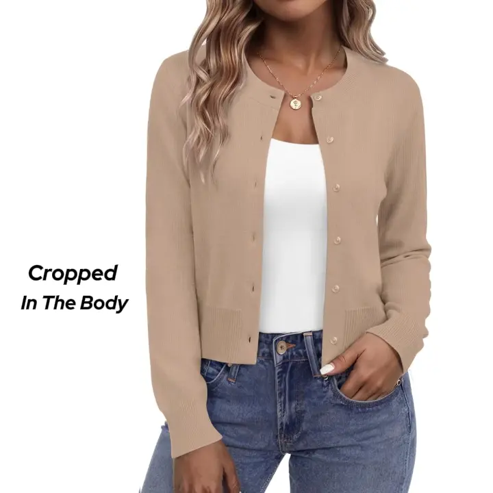 Women's Cropped Viscose Knit Cardigan Sweater - Button-Down Crew Neck, Breathable Lightweight Fabric, Cute 2026 Trendy Fall Spring Top for Casual Office Layering & Business Dressy Outfits