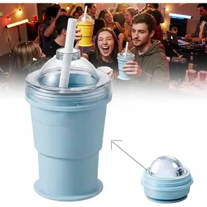 2-in-1 Collapsible Silicone Ice Ball Maker Cup, Portable Foldable Ice Hockey Cup with Straw & Lid, Easy Demolding, Leakproof Sphere Ice Cubes for Whiskey,Cocktails,Coffee,Juice(Blue)
