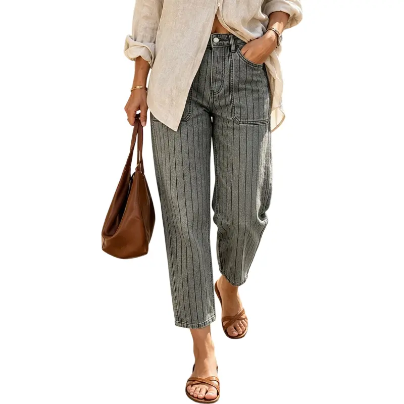 Flamingals Striped Patch Pocket Mid Waist Cropped Tapered Pants Stretchy 25.2'' Inseam