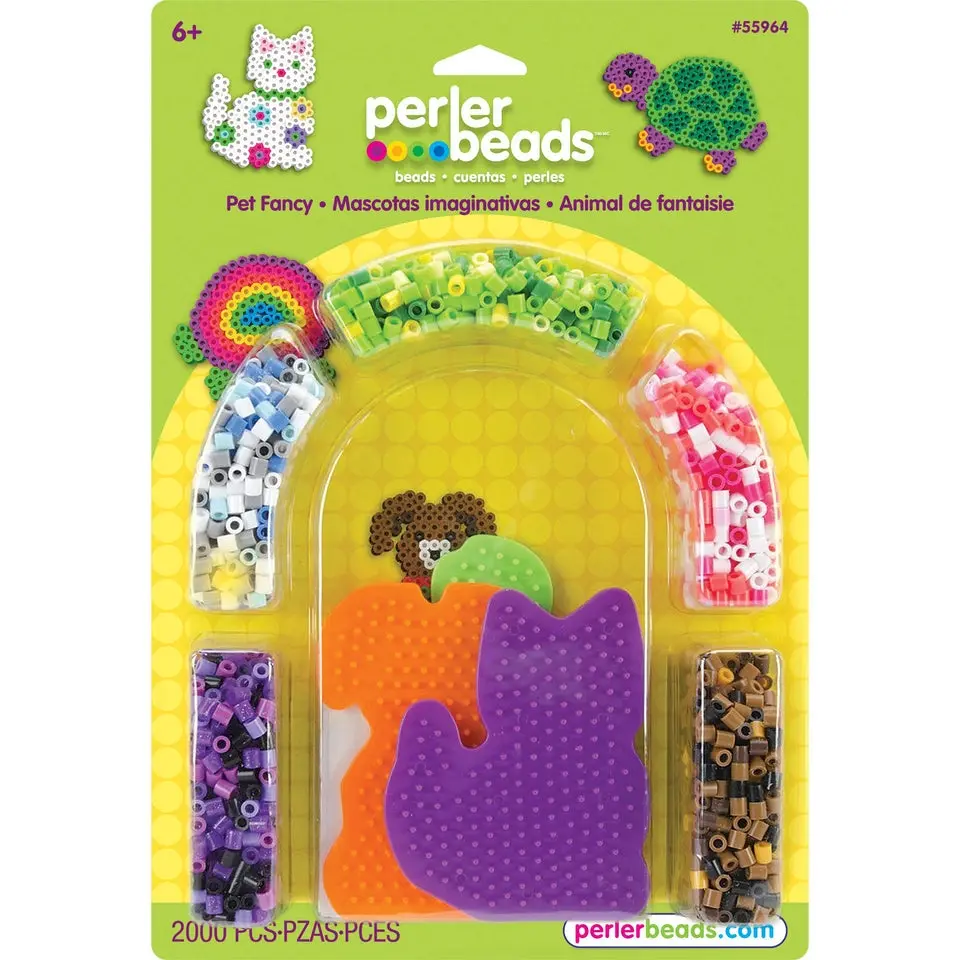 Perler Beads Fancy Pet Fuse Bead Kit with 2000 Beads & 3 Pegboards - Turtle, Kitty & Puppy Designs