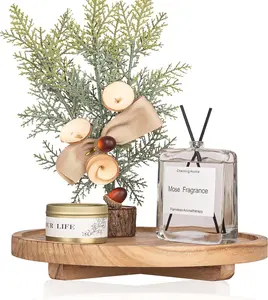 Round Decorative Tray Wood Bathroom Counter Organizer Farmhouse Kitchen Decor Wooden Riser for Soap Dish, Perfume, Candle, Sponge, 10" - Brown