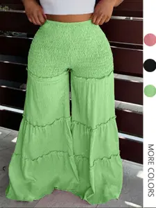 Women's Frill Trim Shirred Flare Leg Woven Pants , Boho Chic Style & High Waist Trousers for Beach Holiday Vacation, Bohemian Womenswear Pants