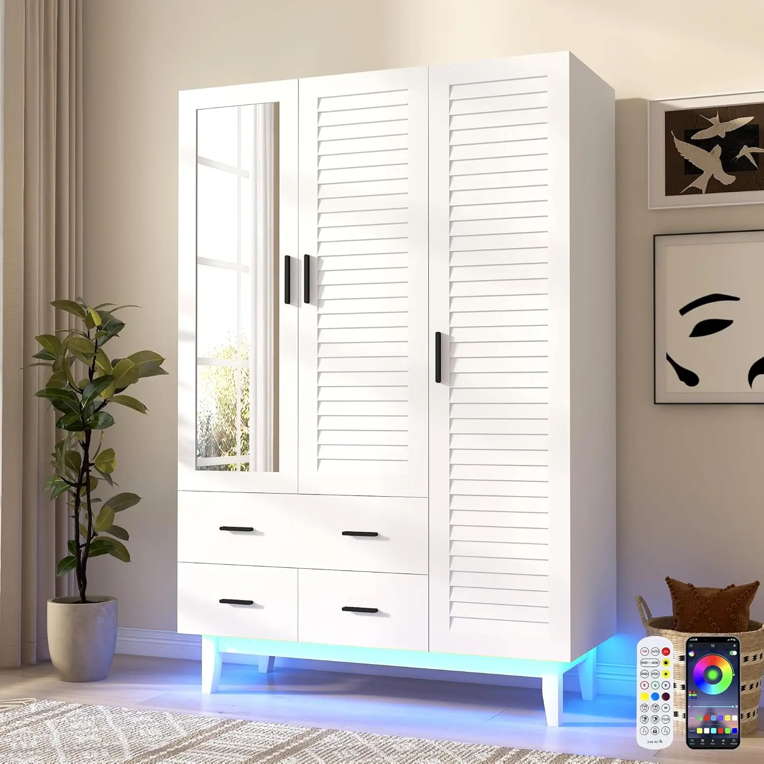 2/3/4 Door Armoire Wardrobe Closet Cabinet with Drawers and LED Lights, Multi-Tier Shelves, Hanging Rod & Louver Doors, Large Capacity Storage Wardrobe Armoire for Bedroom(Black/white)