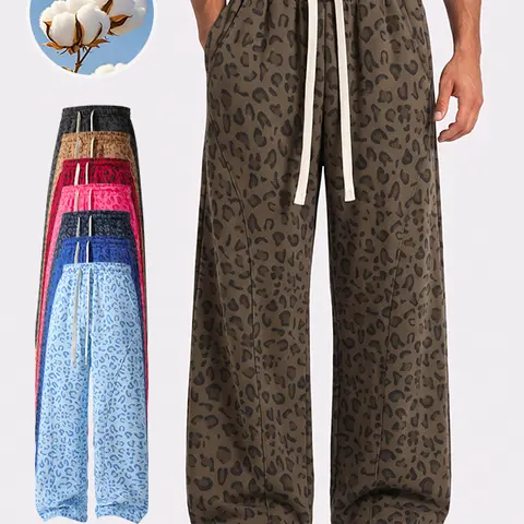 Men’s soft cotton leopard print wide-leg sweatpants with elastic drawstring waist, loose casual long pants with side pockets, available in multiple colors