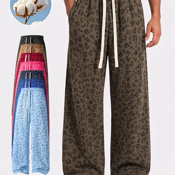 Men’s soft cotton leopard print wide-leg sweatpants with elastic drawstring waist, loose casual long pants with side pockets, available in multiple colors