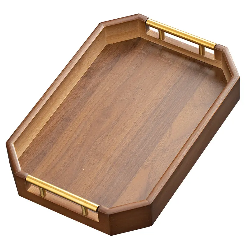 Stylish Walnut-Finish Bamboo Wooden Tray with Metal Handle - 15"x10.2"x2.2" (38x26x5.5cm) for Mugs, Kitchen & Bathroom Essentials, Serving & Decorative Use