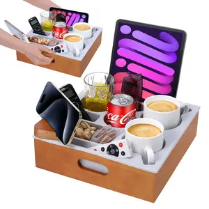 Couch Cup Holder Tray, Soft Silicone Acacia Wood, Waterproof Anti-Spill, for Bed Car Seat Beach, Organizes Snacks Beverages Remote