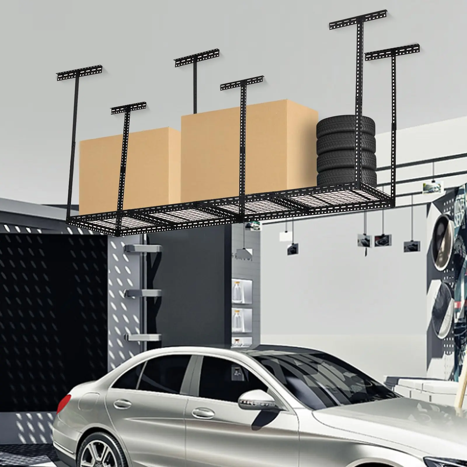 【GARVEE】Heavy-Duty Steel Ceiling Garage Storage Rack, 1-Layer, Adjustable 22-40 in Height, 660 lbs Capacity, Black Finish, Multiple Vertical Post Options, Grid Support, 52.91 lbs, Easy Mount Room Organizer (2x8, 4x8, 4x6 FT; 96"x24"x40" Max Size), 52.91 P
