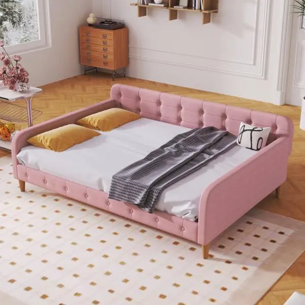 Bellemave Linen Fabric Upholstered Daybed - 4 Solid Pine Wood Support Legs, Button Tufting, Easy-to-Assemble Design, Modern Style, 85x62.25x30.75 Inches, Assembly Required, Can Accommodate Preferred Mattress (Multiple Colors)