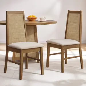 SICOTAS Dining Chairs Set of 2, Mid Century Modern Kitchen Chairs with Rattan Backrest & Removable Cushion, Solid Wood Upholstered Side Chairs for Dining Room, Living Room