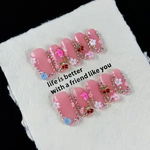 10pcs Sweet girl style, hand-painted three-dimensional patterns, fine glittering diamonds, Bling Rhinestone Detailing, Handmade Press On fake nails, Suitable for spring outings and vacations, enjoying flowers