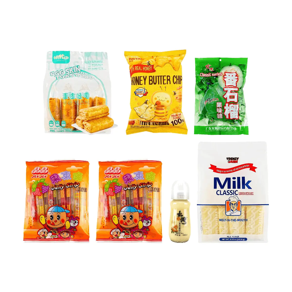 BAKER LEE Handmade Toast Bread, HAITAI Honey Butter Chips, Hongyuan Guava Candy, Jing Jing Jelly Sticks, Shui Lian Wan Mango Yogurt, TRENZY Milk Rice Crackers - 6 Flavors, 7 Items Snack Box Bundle (1.35kg + 280ml)
