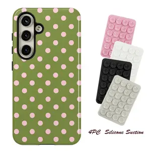 Olive Green with Pink Polka Dots Phone Case, 4PC Silicone Suction Phone Case Mount, Shockproof Rugged Cover Dual Layer Soft TPU Hard Bumper Shell for Samsung S26 S25 S24 S23 S22 S21 NOTE20 Ultra Plus FE A06 A15 A16 S25edge Aesthetic Style