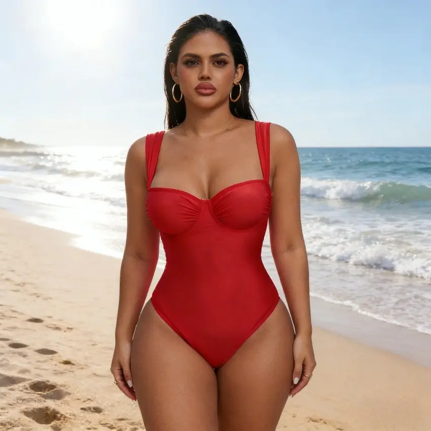 Women's Plus Size Shiny Fabric Ruched Wrap 1-Piece Bathing Suit - Sleeveless Tummy Control Swim Shapewear, Flattering Supportive Fit for Spring Summer Beach Holiday, Bodysuit (Plus Sized Bathing Suits, 1-Piece Swimsuit), One Piece Swimsuit