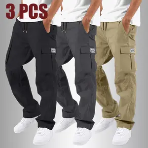 Men's Solid Color Multi-Pocket Casual Pants, Straight Leg with Elastic Drawstring Waist, Regular Fit Breathable All-Season Trousers for Daily & Outdoor Activities, Spring Statements