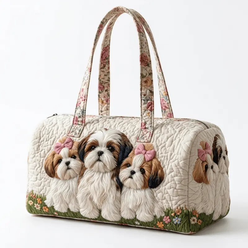 1pc Premium Hand Stitched Patchwork Quilted Duffle Bag Cute Bow Shih Tzu Puppy Garden Floral Applique Art Spacious Pet Lover Theme Overnight Travel Bag For Women Holiday Present Outdoor Daily Use