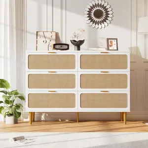 6 Drawer Dresser for Bedroom, Rattan Chest of Drawers with Deep Drawers, Large Modern Double Dresser for Closet with Wide Top, Horizontal Wooden Dresser for Living Room, Hallway