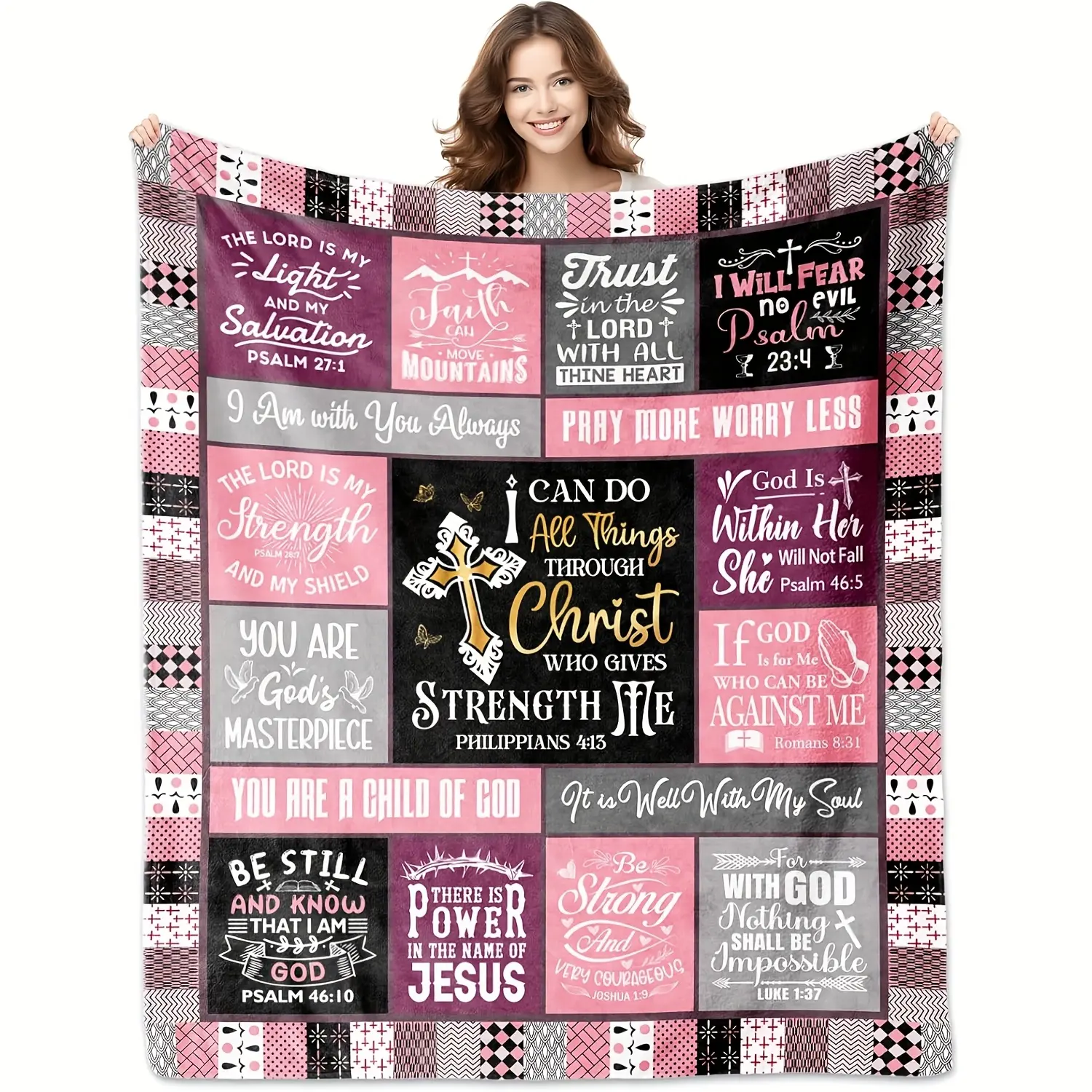 1pc Christian Religious Gift Blanket - Soft Plush Flannel, Inspirational Bible Verse Print, Cross Design, Multi-Color Retro Patchwork Throw, Wrinkle Resistant, Fade Resistant, Durable, All Seasons Comfort, 280GSM, Machine Washable for Sofa, Bed, Room Deco