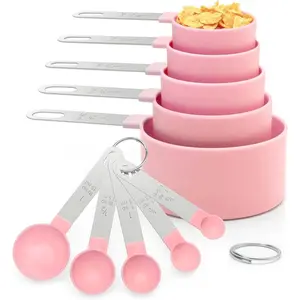 10 Pieces Stackable Measuring Cups and Spoons Set with Stainless Steel Handles, Kitchen Measuring Tools for Cooking & Baking (Pink)