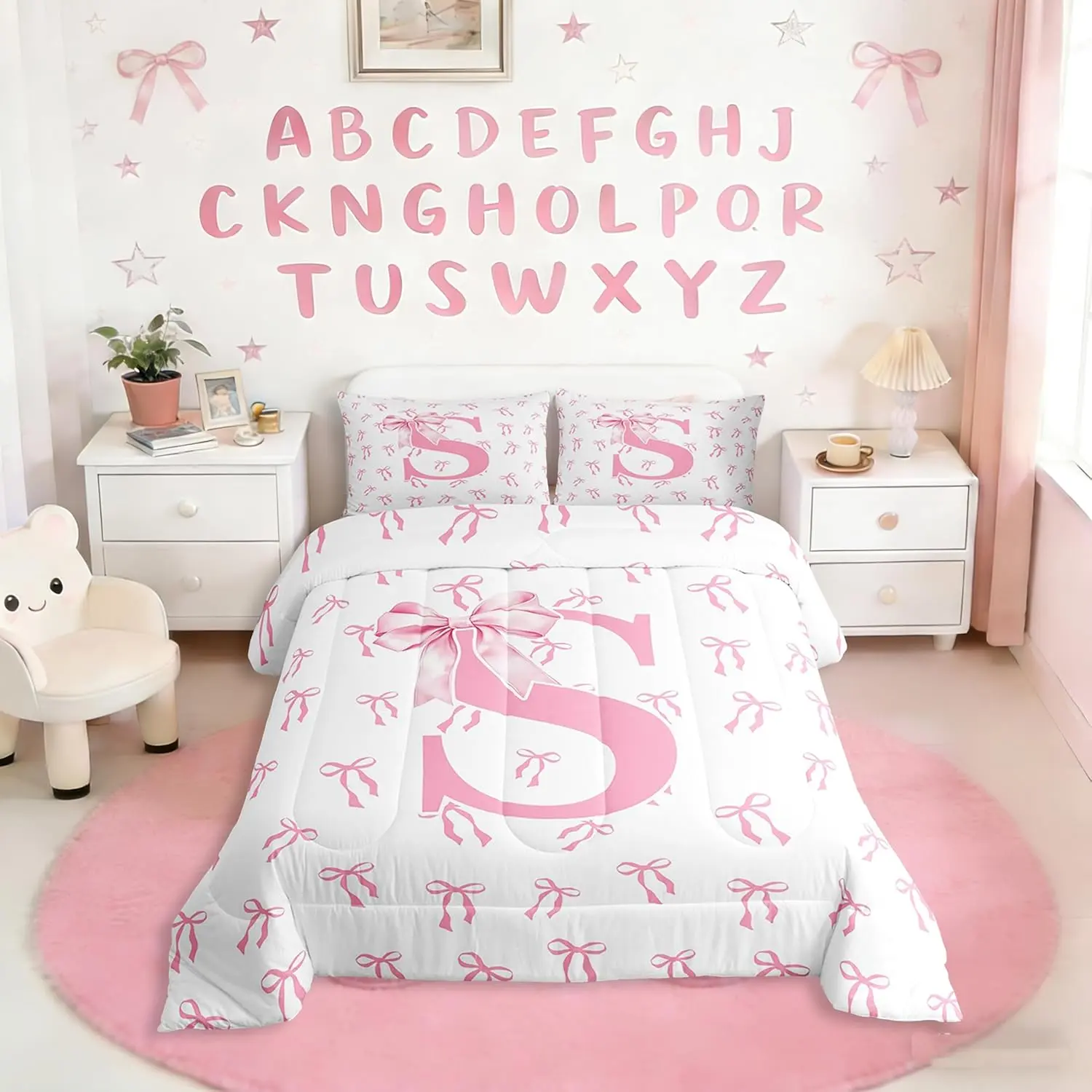 Initial Letter S Bow Comforter Set Pink Princess Style Bedding Sety Bowknot Down Comforter Fantasy Monogrammed Bow Tie Duvet Insert