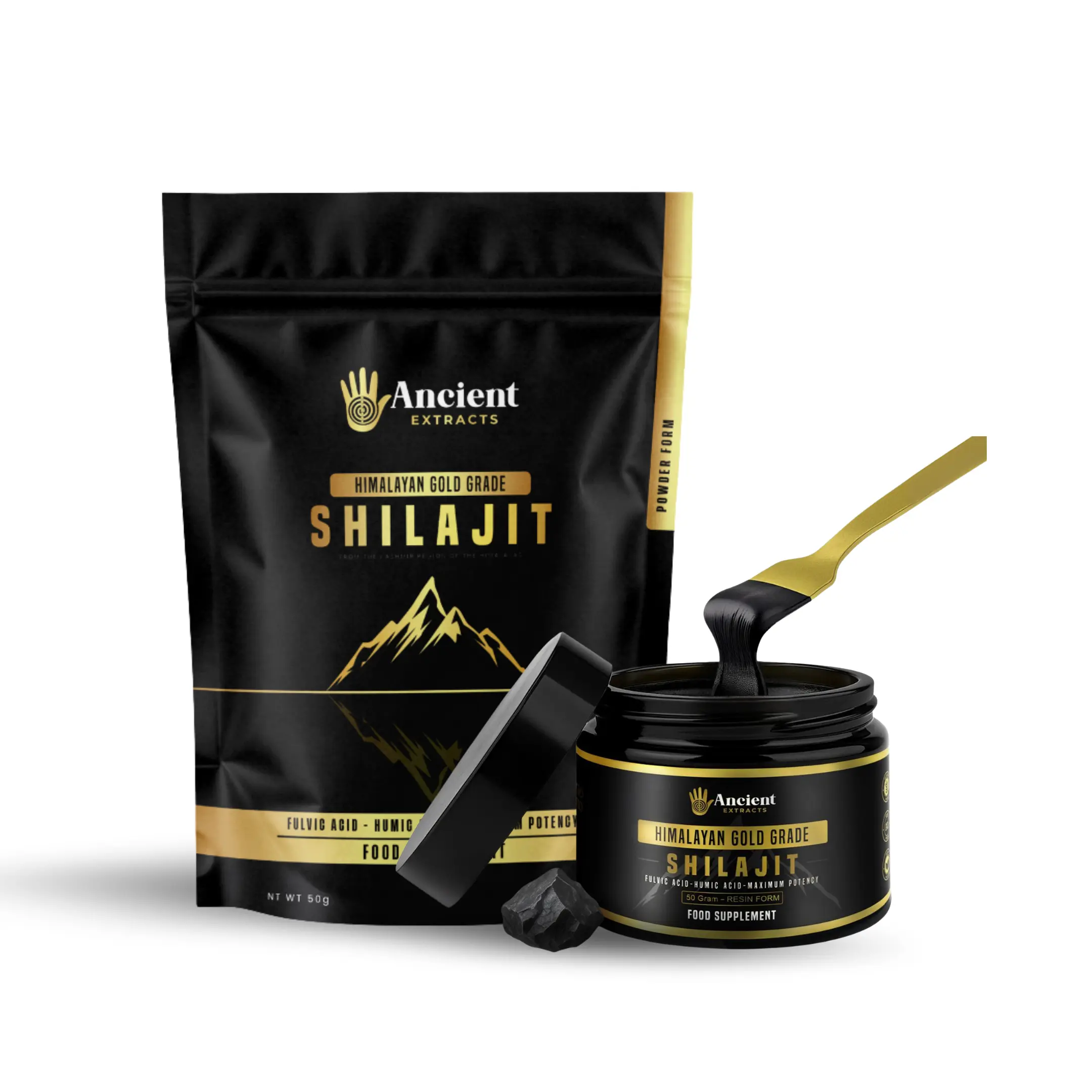 Ancient Extracts Gold Grade Himalayan Shilajit Powder & Resin Bundle, 50g 100% Pure Natural Edible Organic Herbal Health Supplement for Adults, Vegan-Friendly, Energy & Stamina Support, Minerals for Body Health