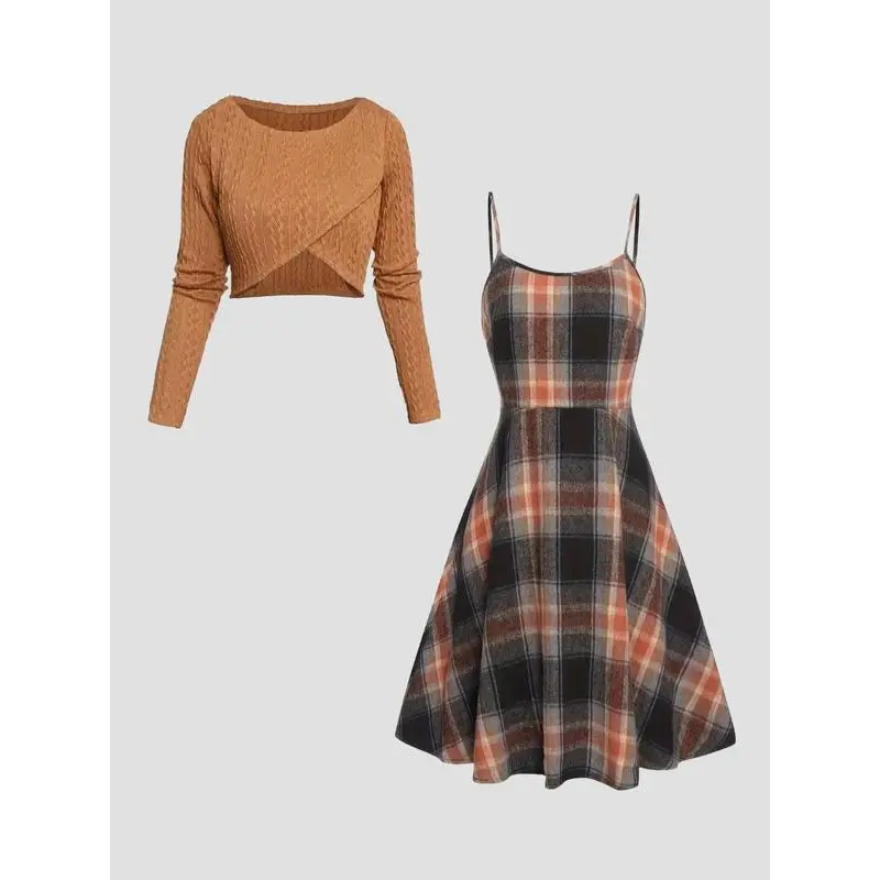 Women's Solid Wrap Hem Round Neck Textured Long Sleeve Crop Top & Plaid Print A-Line Dress Set, Preppy Fashion Cozy Skirt Set for Daily School Outdoor Wear, Women's Clothing for Spring Fall