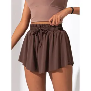 Women's Plain Drawstring High-Waisted 2- in-1 Sports Skort, Drawstring Skorts, Sporty Breathable Comfortable Pocket Skort for Tennis Badminton Cycling Running, Ladies Sportswear, Bottoms for Summer