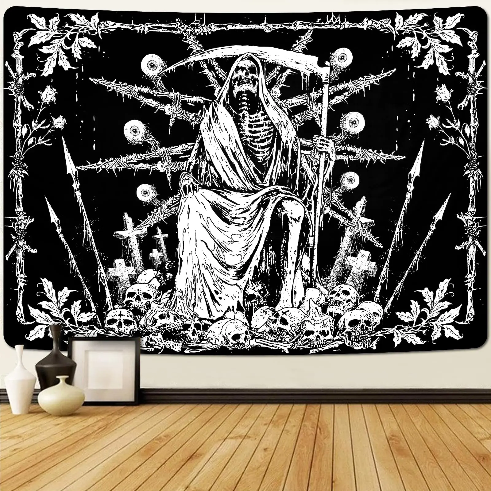 Skull Tapestry Black Goth Tapestries Horror Skeleton Tapestry Grim Reaper Tapestry Hippie Tapestry Wall Hanging for Bedroom Home Decor  Party Spooky