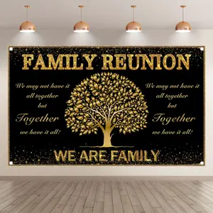 Large Family Reunion Polyester Photography Backdrop - Family Tree Members Party Photo Background Tapestry with Black Golden Banner Decorations