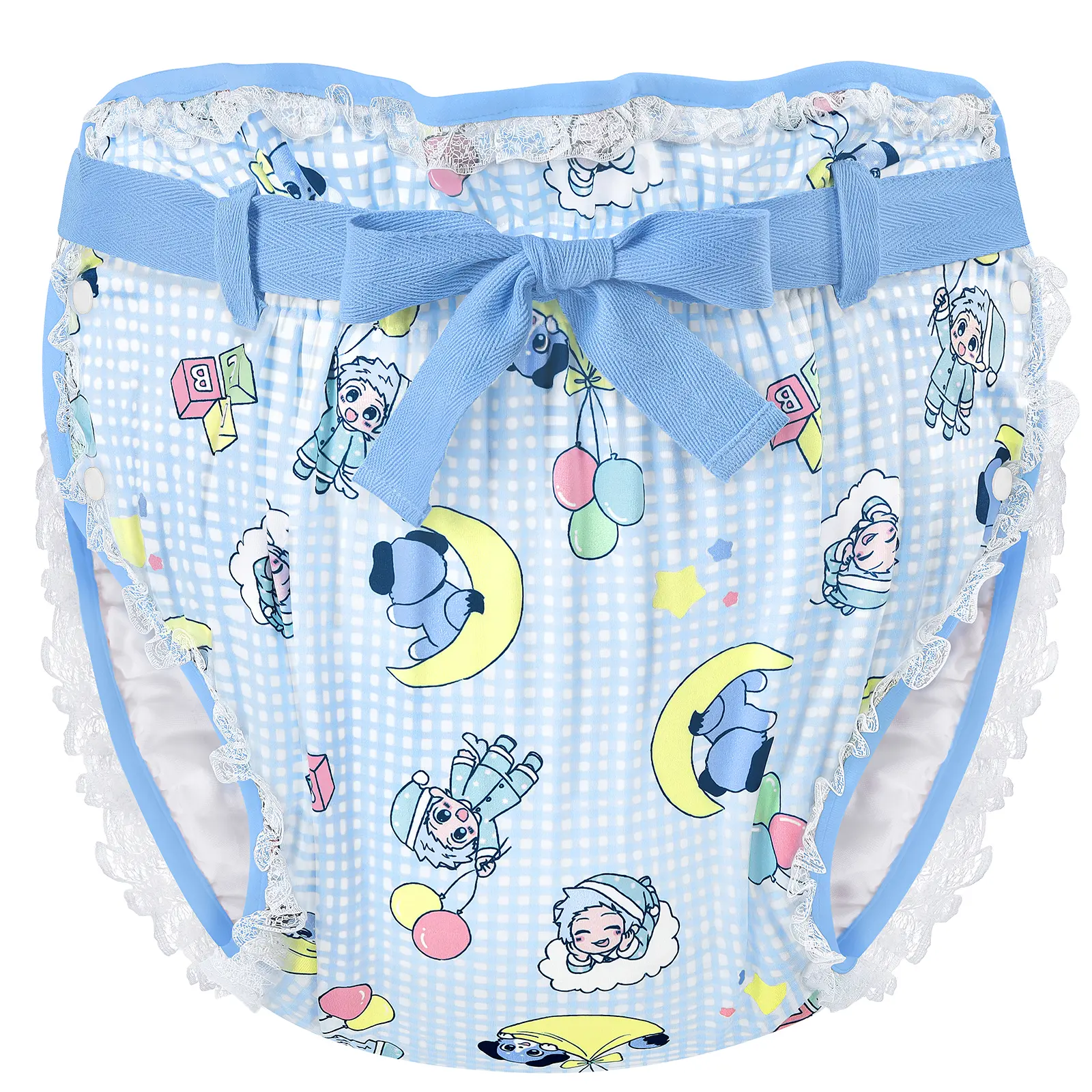 LITTLEFORBIG Omutsu Reuseready Wrap Diaper Cover - Waterproof Polyester, Ribbon Tie, Adjustable, Machine Washable for Adult Reusable Diapers, Little Blue Pattern, Single Item, S
