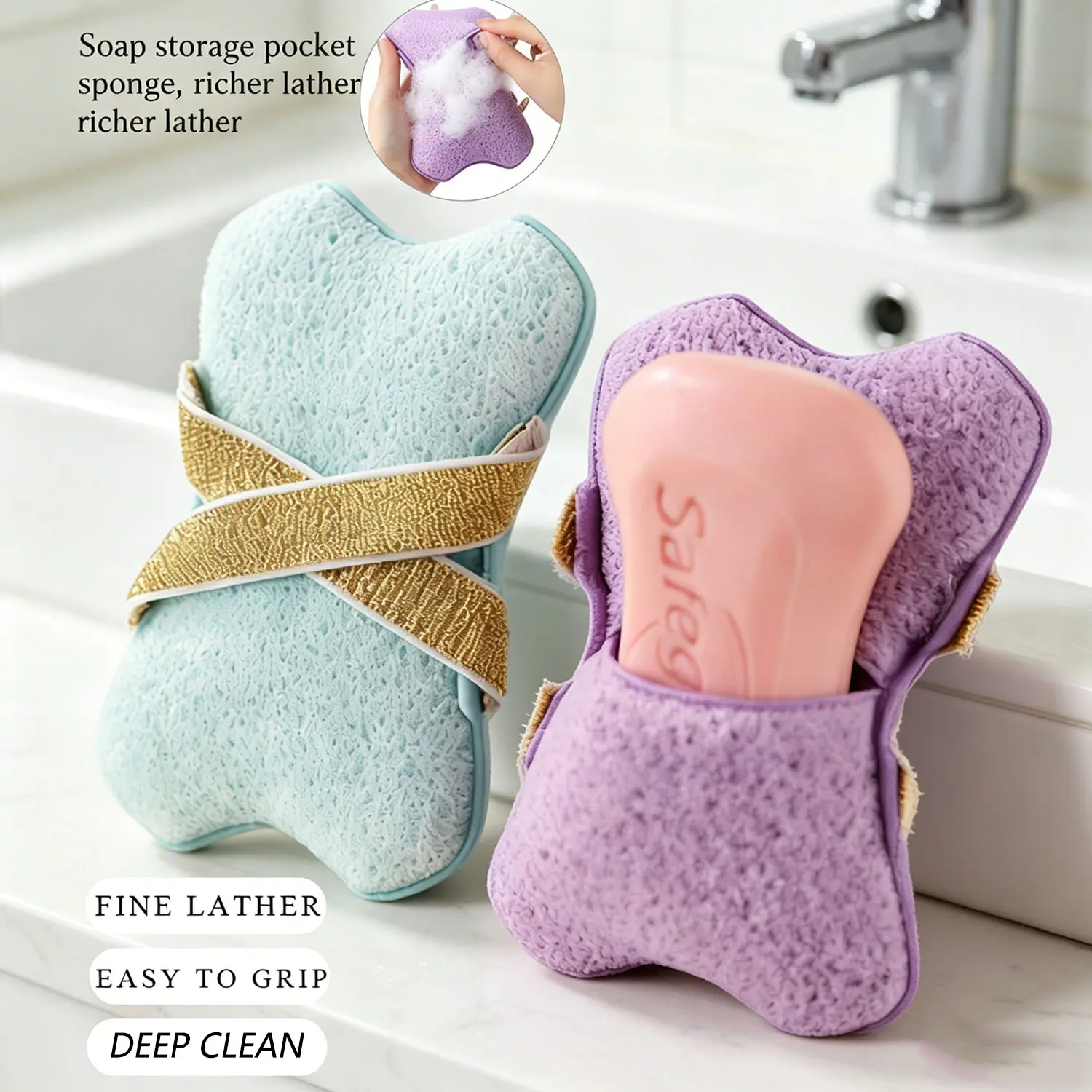 Exfoliating Honeycomb Bath Sponge with Soap Saver Pocket, Deep Cleansing Body Scrubber with Ergonomic Hand Strap for Shower, Accessories, Glove, Cleaning, Foam Bath Glove Loofahs, Sponges, & Poufs