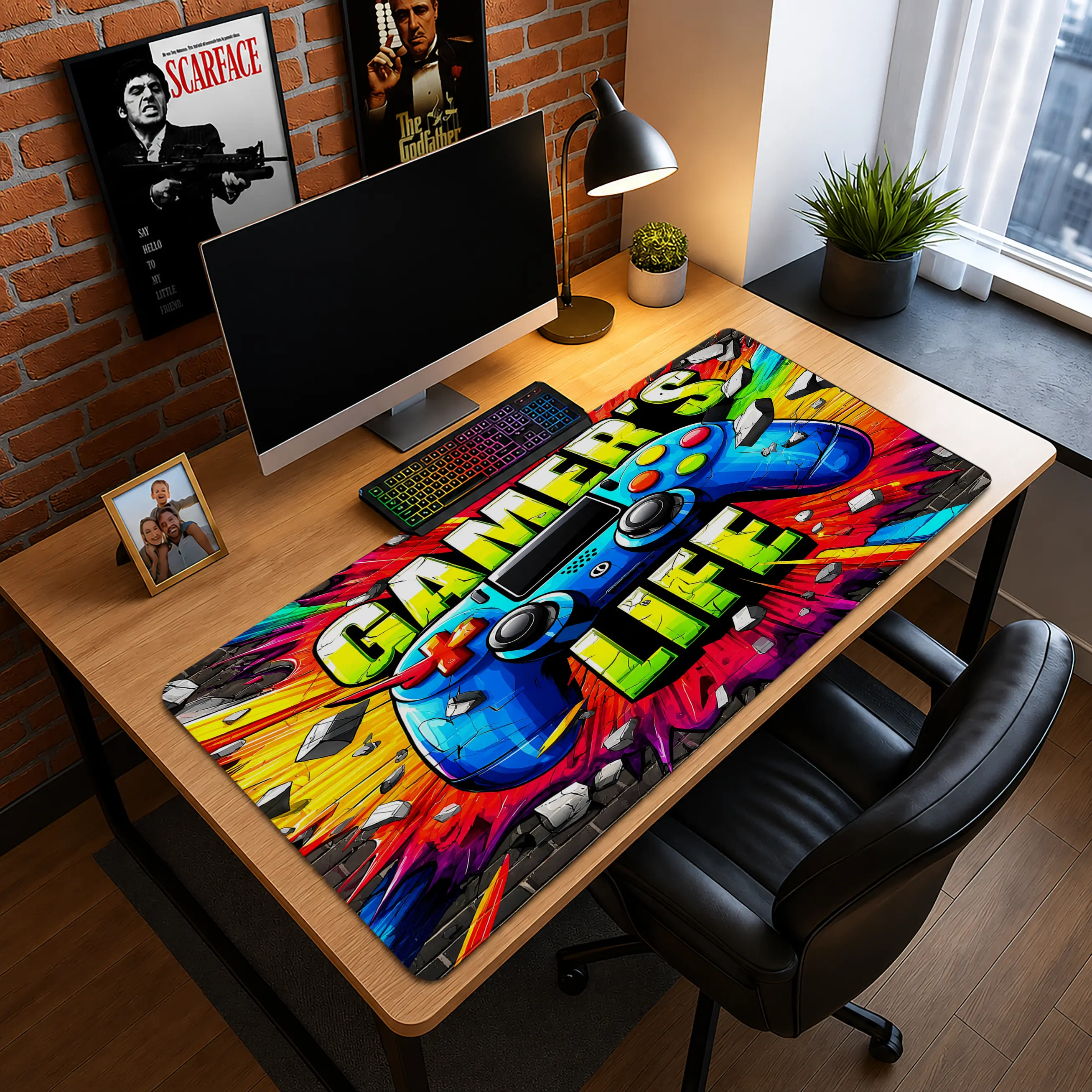 Large Gaming Mouse Pad - Gamer's Life Neon Controller Comic Graffiti Art Desk Mat, Computer Keyboard Mat, Edgy Boy Room Gift Desk Accessory