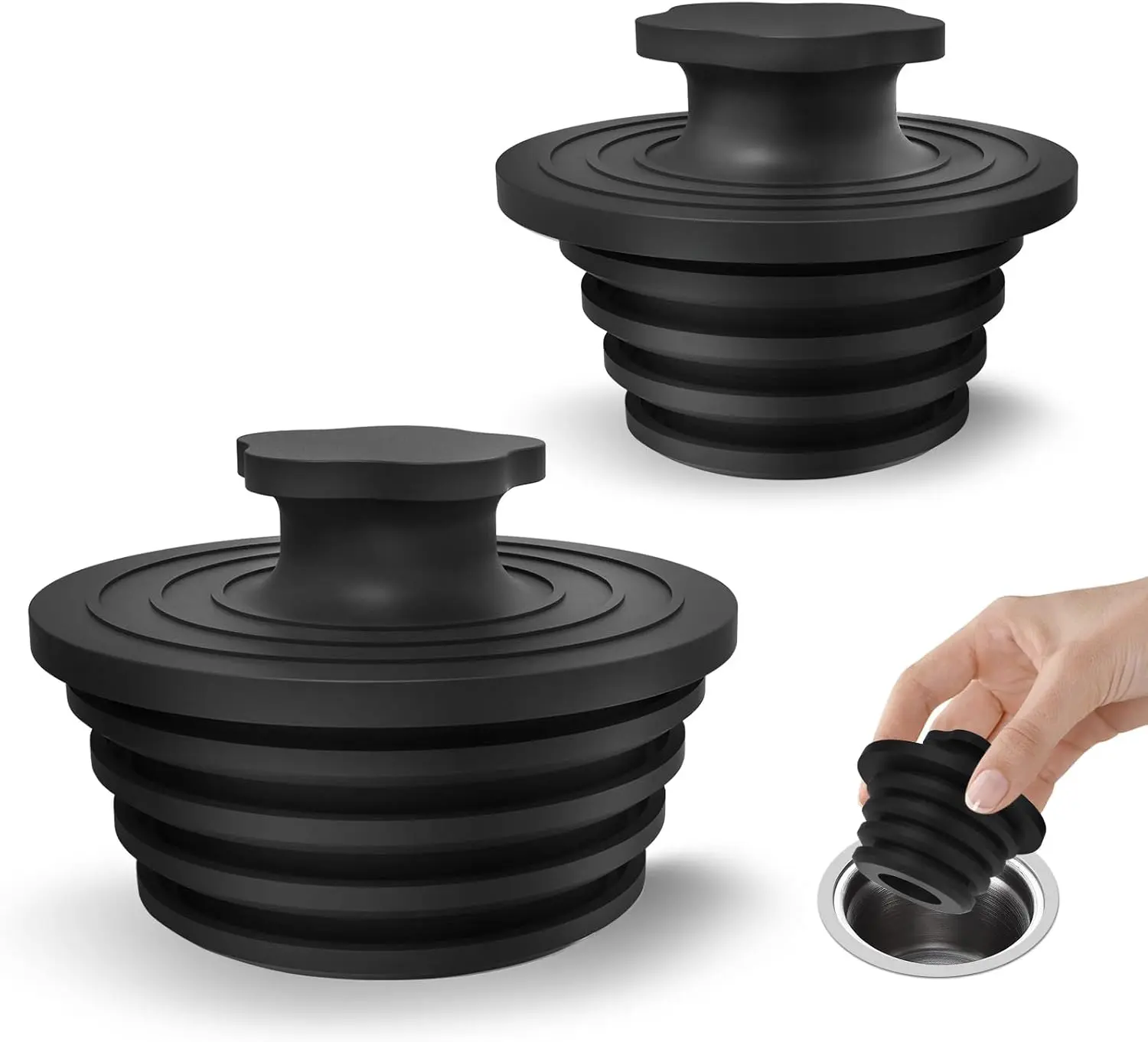 2-Pack Silicone Universal Bathtub Drain Stopper - Easy-to-Install Bathroom Gadget for Bathtub and Shower Drains (Black)