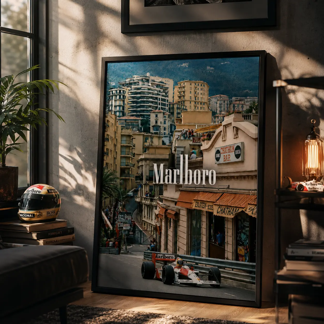 Iconic Monaco street circuit F1 racing framed poster, vintage Marlboro race car photography canvas art. Timeless motorsport vibe decor for racing lounge, car shop and sports bar, must-have piece for Formula 1 enthusiasts.